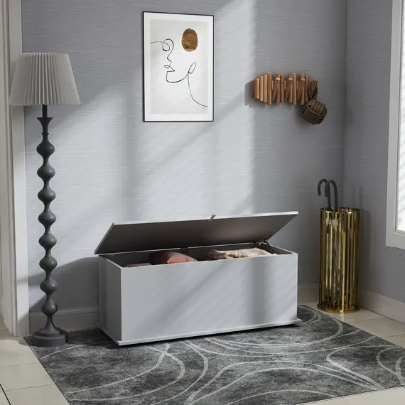 Buy 113L Storage Chest, Storage Box with Flip-Top Lid and 2 Safety Hinges, Storage Trunk for Living Room, Entryway, 100 x 40 x 40 cm, Grey, 7 image