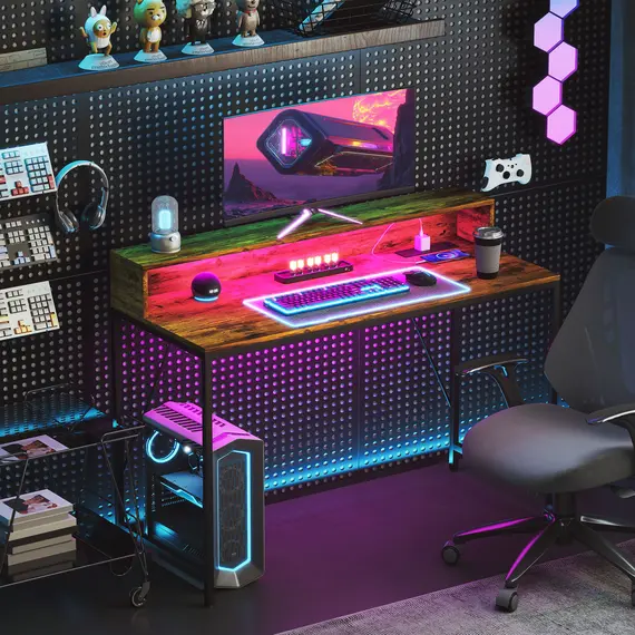 Buy 120cm Computer Desk with LED Lights and Power Outlets, Gaming Desk with Monitor Stand, Computer Table with Remote for Home Office Study, Rustic Brown, 8 image