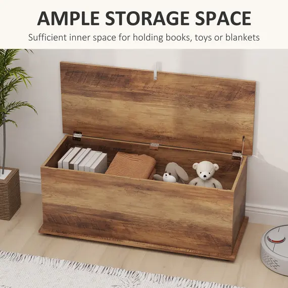 Buy 113L Storage Chest, Storage Box with Flip-Top Lid and 2 Safety Hinges, Storage Trunk for Living Room, Entryway, 100 x 40 x 40 cm, Brown Wood Grain, 4 image