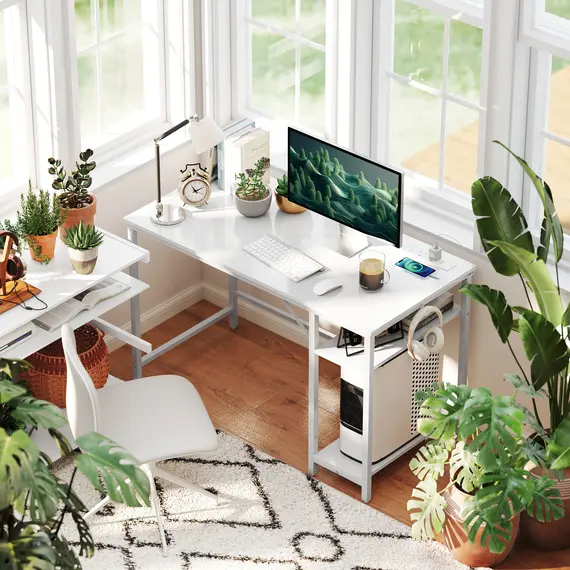 Buy 120 x 60 cm Computer Desk with Power Outlets and Reversible Shelves - White, 2 image
