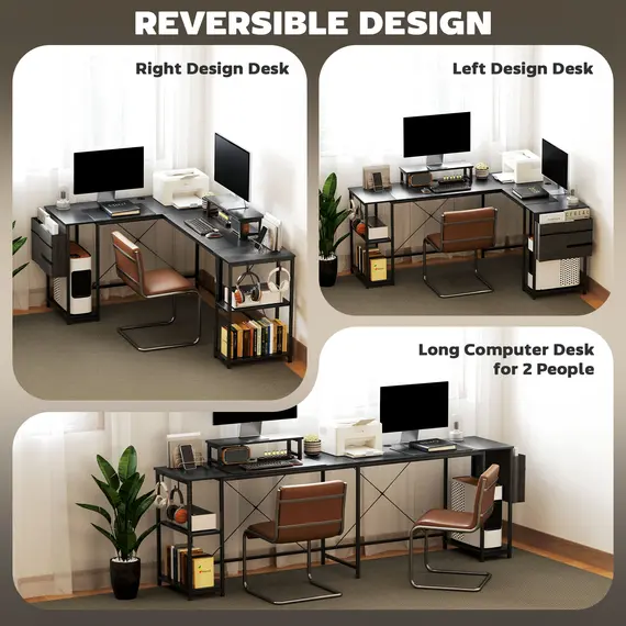 Buy 168cm Reversible L Shaped Desk, Industrial Corner Computer Desk with Adjustable Shelf and Storage Bag, 240cm 2 Person Desk with Monitor Stand, Black, 5 image