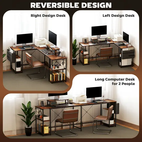 Buy 168cm Reversible L Shaped Desk, Industrial Corner Computer Desk with Adjustable Shelf and Storage Bag, 240cm 2 Person Desk with Monitor Stand, Rustic Brown, 5 image