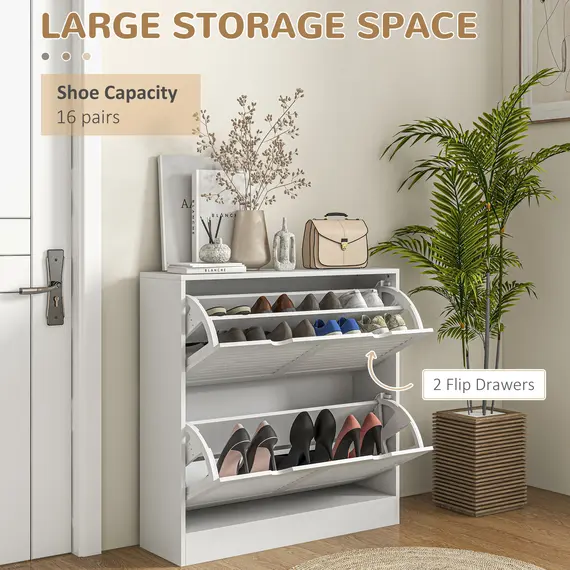Buy 2 Drawers Entryway Shoe Cabinet, Narrow Shoe Storage Cabinet with 2 Flip Drawers, Louvred Door Design and Adjustable Shelves for 16 Pairs of Shoes, White, 4 image