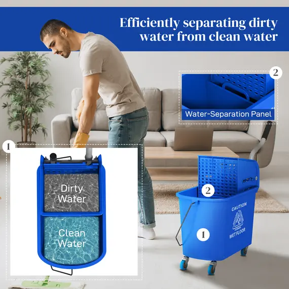 Buy 20L Mop Bucket on Wheels, with Water Separation Panel - Blue, 5 image