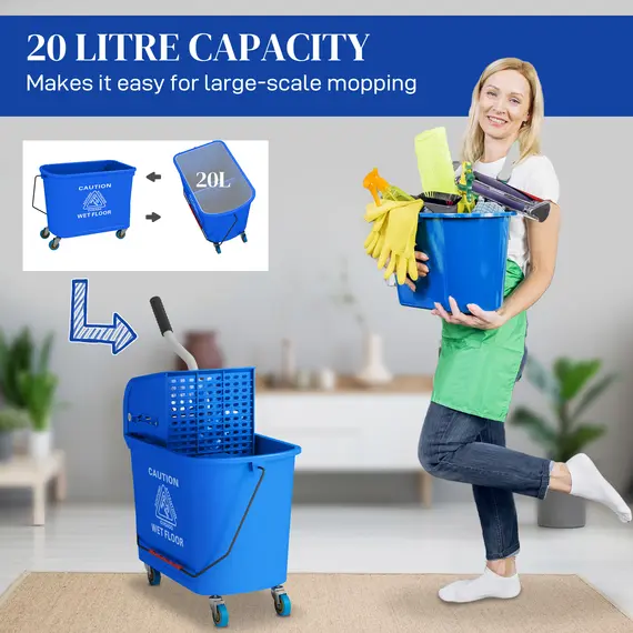 Buy 20L Mop Bucket on Wheels, with Water Separation Panel - Blue, 4 image