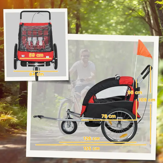 Buy 2 Seat Bike Trailer with 5 Point Harness, Baby Bike Stroller with Safety Flag, Reflectors, for 18+ Months, Red, 3 image