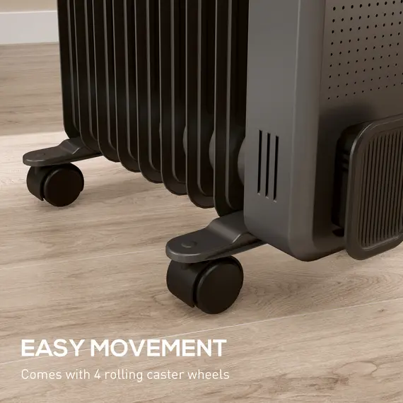 Buy 2000W Oil Filled Radiator, 9 Fin, Portable Electric Heater with 3 Heat Settings, Safety Cut-Off and Wheels, Grey, 8 image