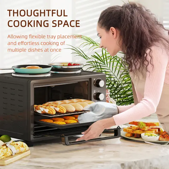 Buy 28L Mini Oven with 2 Hot Plates, Countertop Toaster Oven, Grill, Roast, Bake, Boil, with Timer, Adjustable Temperature, Electric Oven with Baking Tray, Grill Rack, Crumb Tray, 2600W, Black, 8 image