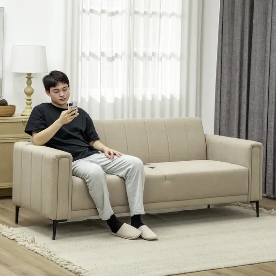 Buy 3 Seater Sofa, Modern Fabric Sofa Couch, Channel Tufted Upholstered Sofa Settee for Living Room, Guest Room, Bedroom, Home Office, Khaki, 2 image