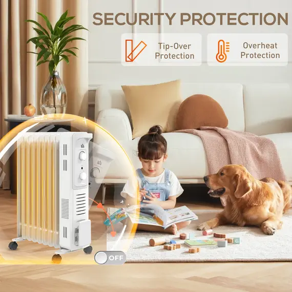 Buy 2000W Quiet Oil Filled Radiator, 9 Fin Energy Efficient Portable Electric Heater with 3 Heat Settings, Adjustable Thermostat, Safety Tip Over, Overheat Protection, for Home, White, 7 image