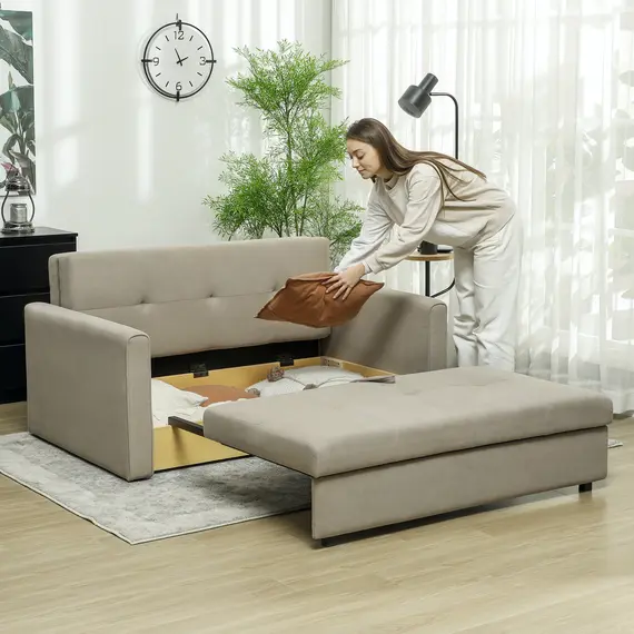 Buy 2 Seater Sofa Bed, Convertible Bed Settee, Modern Velvet Loveseat Sofa Couch with 2 Cushions, Hidden Storage for Living Room, Guest Room, Light Brown, 8 image