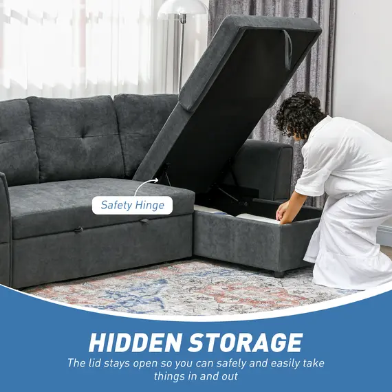 Buy 3 Seater Sofa Bed, L Shaped Pull Out Sofa Bed with Storage, Convertible Click Clack Settee Sectional Sleeper Futon for Living Room, Office, Dark Grey, 5 image