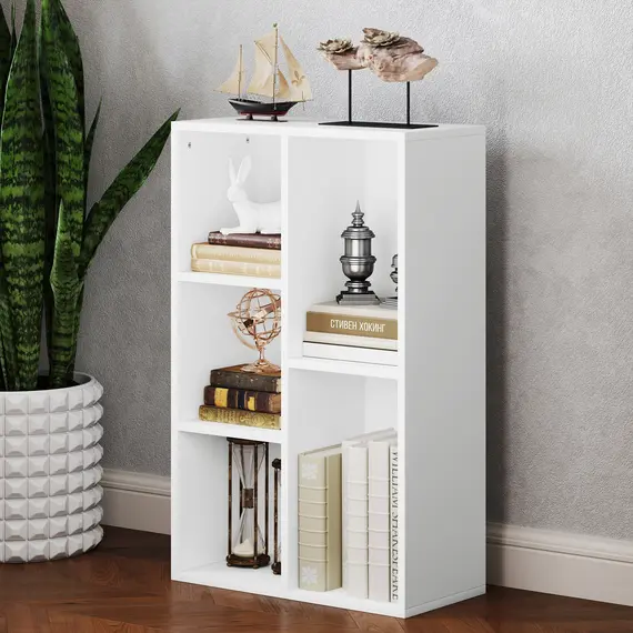 Buy 2-Tier Bookshelf with 5 Compartments - White, 9 image