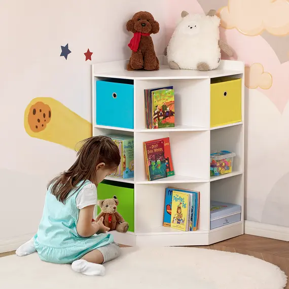 Buy 3 Tier Kids Bookcase Toy Organiser Storage w/ 3 Fabric Drawers, White, 2 image