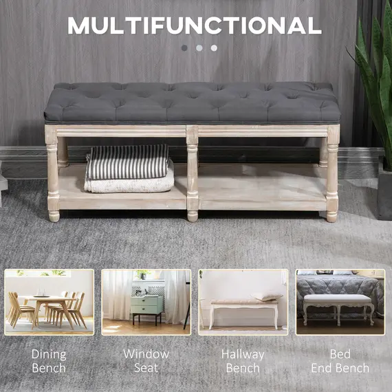 Buy 2-Tier Bed End Bench, Vintage Stool, Wooden Window Seat with Storage Shelf, Button Tufted Upholstered Footstool for Living Room, Bedroom, Entryway, Grey, 7 image