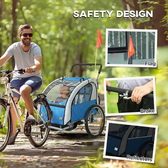 Buy 2 Seat Bike Trailer with 5 Point Harness, Baby Bike Stroller with Safety Flag, Reflectors, for 18+ Months, Blue, 8 image