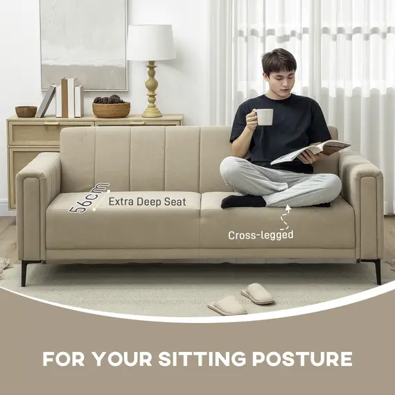 Buy 3 Seater Sofa, Modern Fabric Sofa Couch, Channel Tufted Upholstered Sofa Settee for Living Room, Guest Room, Bedroom, Home Office, Khaki, 5 image