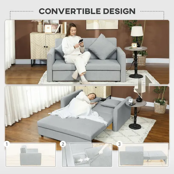 Buy 2 Seater Sofa Bed, Convertible Bed Settee, Modern Linen Loveseat Sofa Couch with 2 Cushions, Hidden Storage for Living Room, Guest Room, Light Grey, 4 image