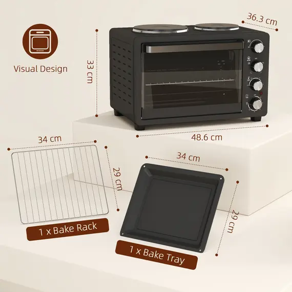 Buy 28L Mini Oven with 2 Hot Plates, Countertop Toaster Oven, Grill, Roast, Bake, Boil, with Timer, Adjustable Temperature, Electric Oven with Baking Tray, Grill Rack, Crumb Tray, 2600W, Black, 3 image