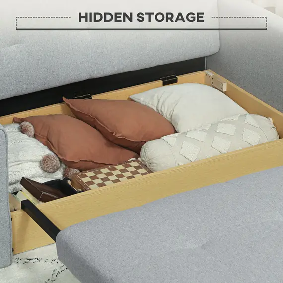 Buy 2 Seater Sofa Bed, Convertible Bed Settee, Modern Linen Loveseat Sofa Couch with 2 Cushions, Hidden Storage for Living Room, Guest Room, Light Grey, 5 image