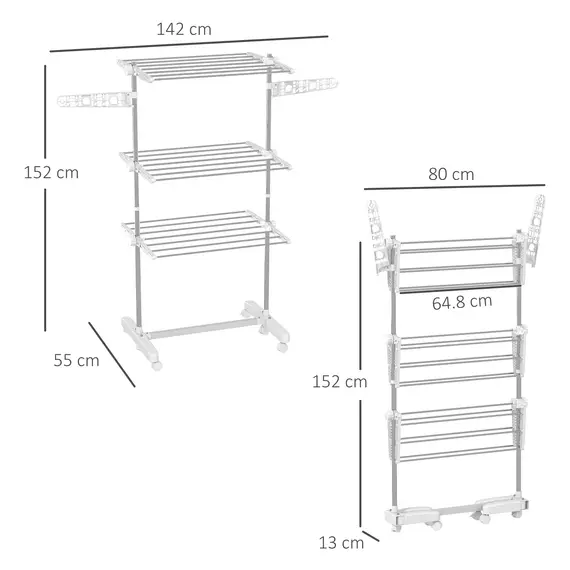 Buy 3-Tier Clothes Airer, Stainless Steel Foldable Clothes Drying Rack with Wheels and Wings, Indoor and Outdoor, Easy Assembly, 142 x 55 x 152cm, White, 3 image