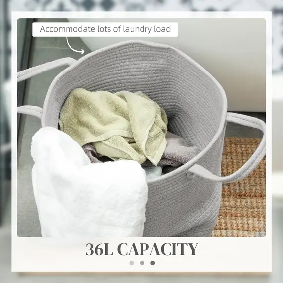 Buy 36L Cotton Rope Laundry Basket, with Handles - Grey, 5 image
