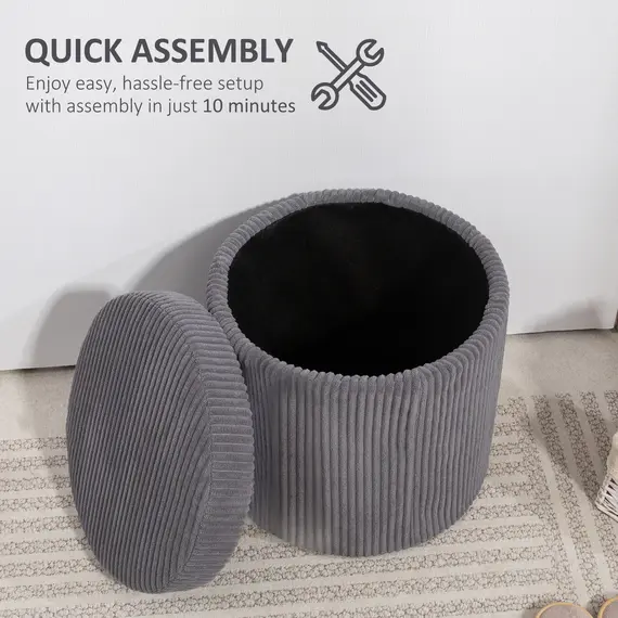 Buy 40cm Round Storage Ottoman, Corduroy Footstool with Removable Lid and Legs, Vanity Stool for Living Room, Bedroom, Grey, 7 image