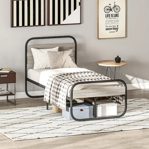 Buy 3ft Single Bed Frame, Industrial Style Metal Platform Bed Frame with Under Bed Storage, No Box Spring Needed, Easy Assembly, Grey, 7 image