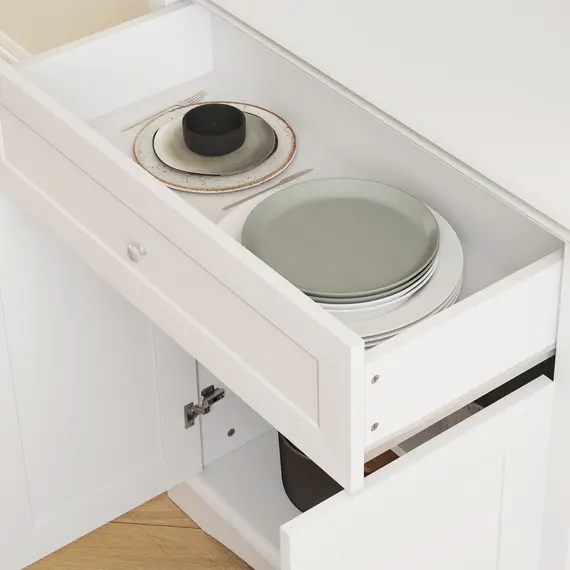 Buy 4-Door Kitchen Cupboard with Drawer, Freestanding Kitchen Cabinet with Glass Doors, Adjustable Shelves and Open Counter, White, 9 image