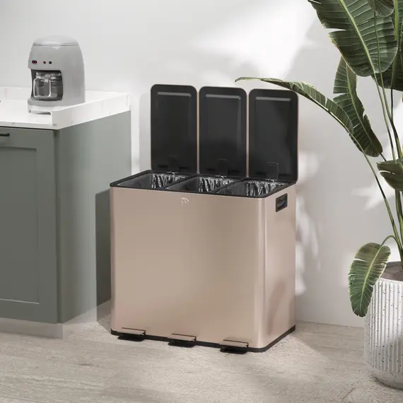 Buy 45L Triple Compartment Stainless Steel Bin, with Deodoriser Holders - Gold Tone, 9 image