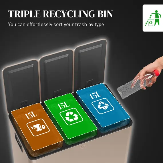 Buy 45L Triple Compartment Stainless Steel Bin, with Deodoriser Holders - Gold Tone, 4 image