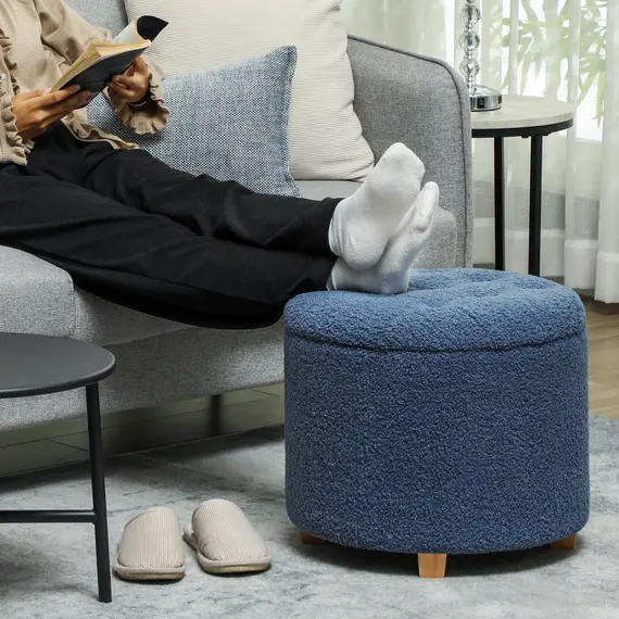 Buy 31.8L Teddy Fleece Storage Ottoman - Blue, 7 image