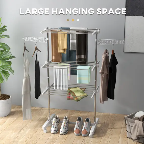 Buy 3-Tier Clothes Airer, Stainless Steel Foldable Clothes Drying Rack with Wheels and Wings, Indoor and Outdoor, Easy Assembly, 142 x 55 x 152cm, White, 5 image
