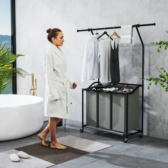 Buy 3x 42L Laundry Basket Unit, with Hanging Rail - Black/Grey, 8 image