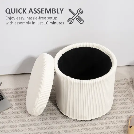 Buy 40cm Round Storage Ottoman, Corduroy Footstool with Removable Lid and Legs, Vanity Stool for Living Room, Bedroom, Beige, 7 image