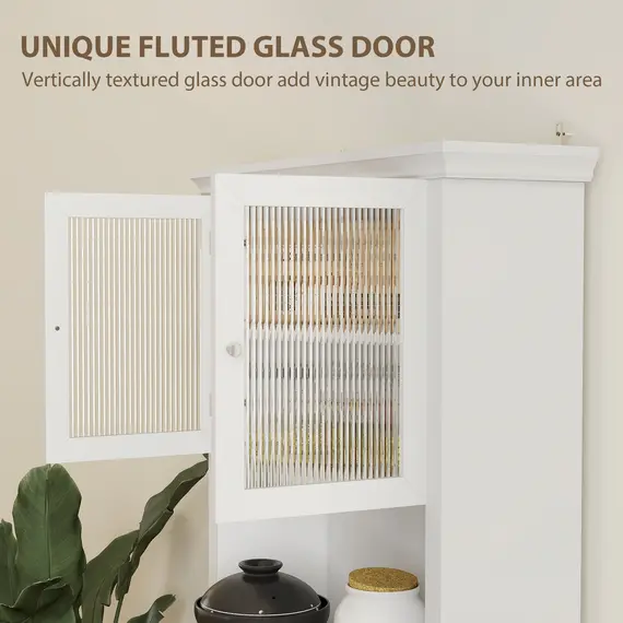 Buy 4-Door Kitchen Cupboard with Drawer, Freestanding Kitchen Cabinet with Glass Doors, Adjustable Shelves and Open Counter, White, 6 image