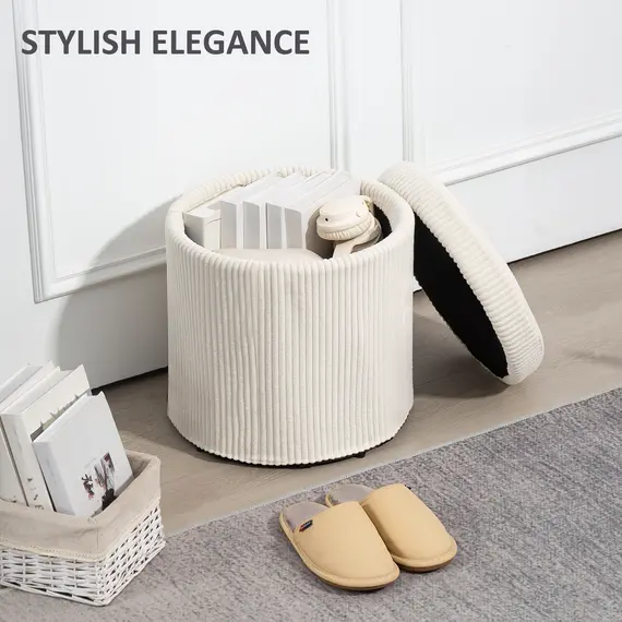 Buy 40cm Round Storage Ottoman, Corduroy Footstool with Removable Lid and Legs, Vanity Stool for Living Room, Bedroom, Beige, 4 image