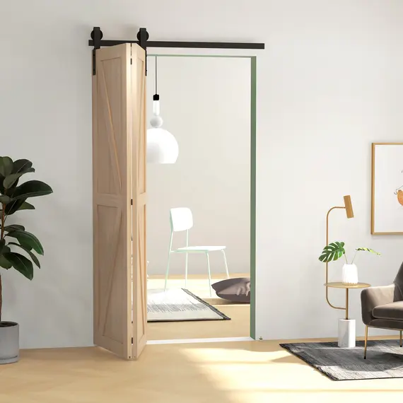 Buy 4FT/122CM Bi-Folding Sliding Barn Door Hardware Track Kit, Heavy Duty Sliding Door Kit for 2 Doors with J Shape Hanger, 8 image
