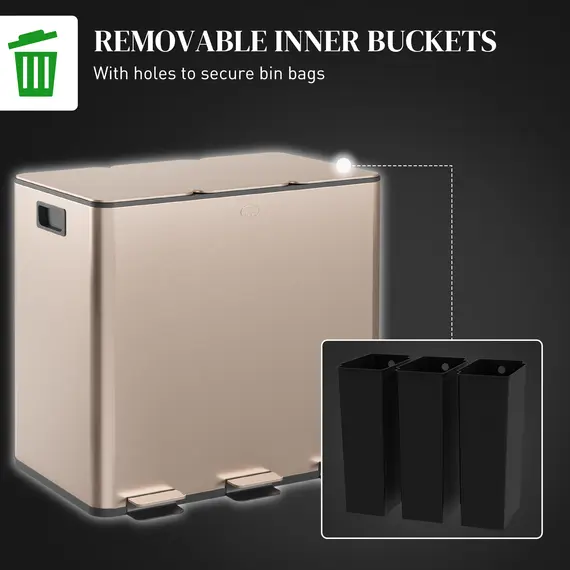 Buy 45L Triple Compartment Stainless Steel Bin, with Deodoriser Holders - Gold Tone, 7 image