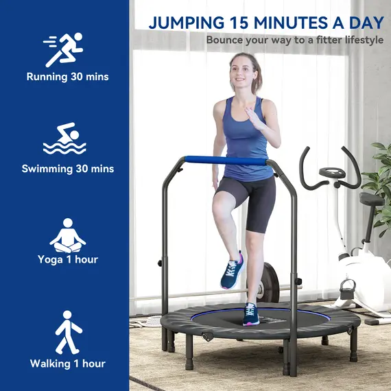 Buy 48" Foldable Mini Fitness Trampoline, with Adjustable Foam Handle, Blue, 7 image