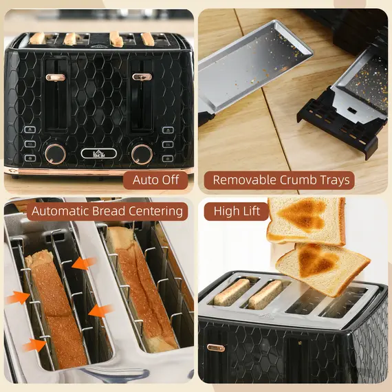 Buy 4 Slice Toaster with 7 Browning Levels, High Lift, Reheat/Defrost/Cancel, Self-centring Function, Removable Crumb Tray, Auto Off, 1600W, Black Honeycomb Texture, 7 image