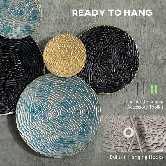 Buy 3D Metal Wall Art Modern Circle Hanging Wall Sculptures Home Decor for Living Room Bedroom Dining Room, Blue Black Gold, 5 image