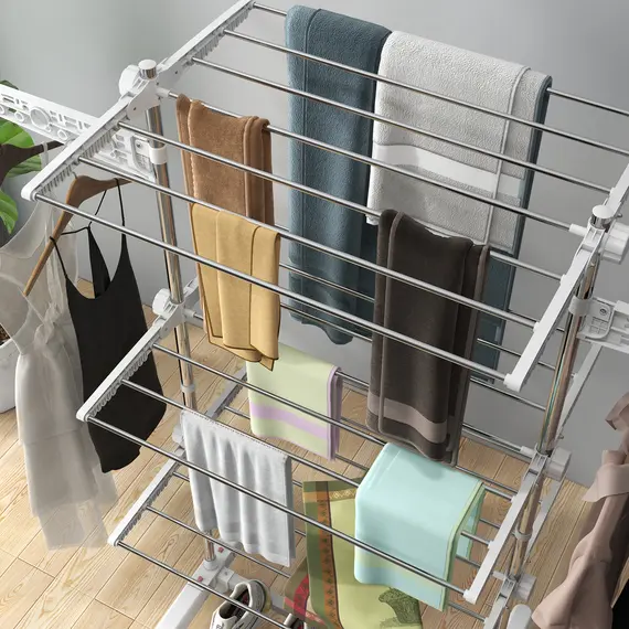 Buy 3-Tier Clothes Airer, Stainless Steel Foldable Clothes Drying Rack with Wheels and Wings, Indoor and Outdoor, Easy Assembly, 142 x 55 x 152cm, White, 8 image