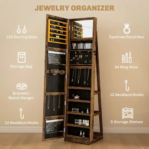 Buy 360° Swivel Jewellery Cabinet with Full Length Mirror, Lockable Jewellery Organiser with Built-in Makeup Mirror and Storage Shelves for Bedroom, Rustic Brown, 7 image