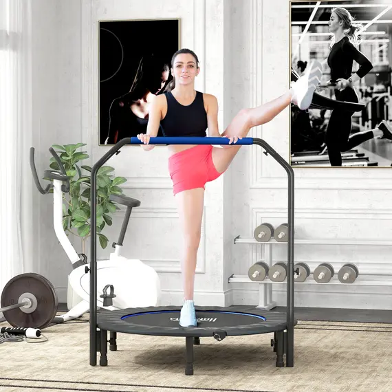 Buy 48" Foldable Mini Fitness Trampoline, with Adjustable Foam Handle, Blue, 2 image