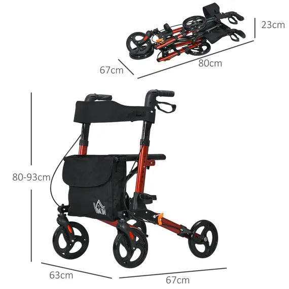Buy 4 Wheel Rollator with Seat and Back, Folding Mobility Walker with Carry Bag, Adjustable Height, Dual Brakes, Cane Holder, Lightweight Aluminium Walking Frame for Seniors and Disabled, Red, 3 image