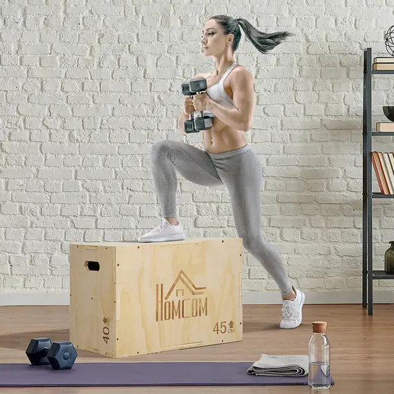 Buy 3-in-1 Wooden Plyo Box, Plyometric Jump Box with Handle Openings for Home Gym, Workout Training, Natural, 2 image