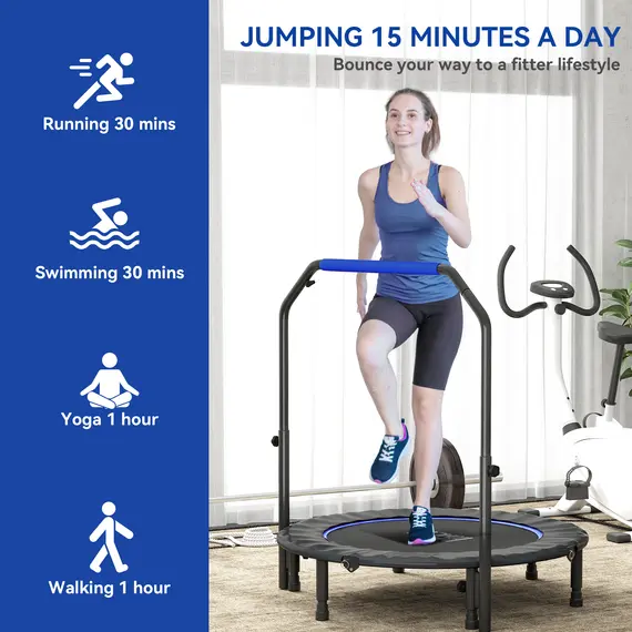 Buy 45" Foldable Mini Fitness Trampoline, with Adjustable Foam Handle, Blue, 7 image