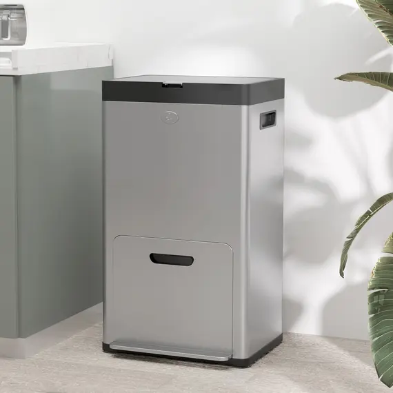 Buy 56L Triple Compartment Stainless Steel Kitchen Bin, with Deodoriser Holders and Wheels - Silver Tone, 2 image