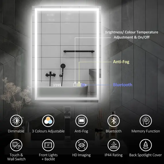 Buy 50 x 70 cm Anti-Fog LED Bathroom Mirror, with Bluetooth and Clock - Silver Tone, 4 image